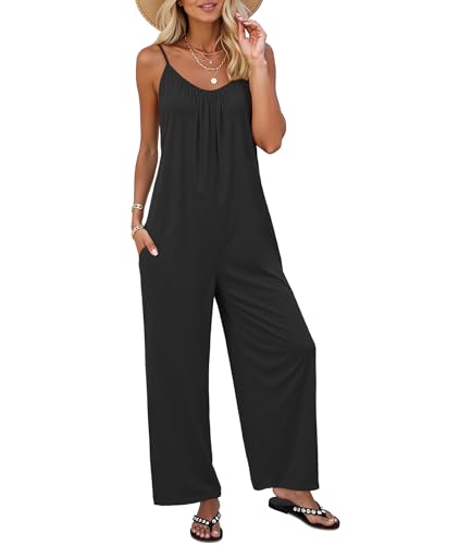 LILBETTER Women Jumpsuits Casual Sleeveless Spaghetti Strap Boho Wide Leg Rompers with Pockets(Black Medium)