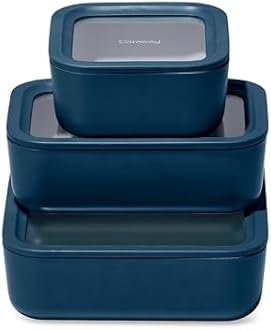 Caraway Glass Food Storage Trio – 10 Cup, 6.6 Cup, & 4.4 Cup Food Containers - Ceramic Coated - Non Toxic Non Stick Lunch Box Container with Glass Lids. Dishwasher, Oven, & Microwave Safe - Navy