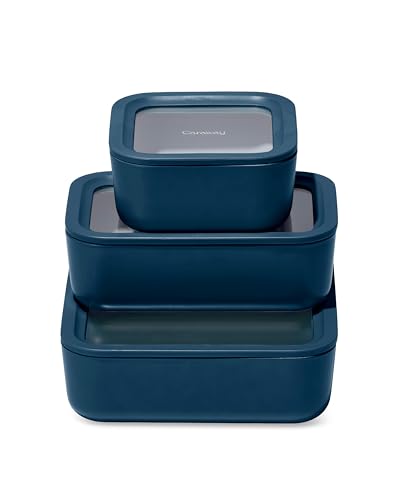 Caraway Glass Food Storage Trio – 10 Cup, 6.6 Cup, & 4.4 Cup Food Containers - Ceramic Coated - Non Toxic Non Stick Lunch Box Container with Glass Lids. Dishwasher, Oven, & Microwave Safe - Navy