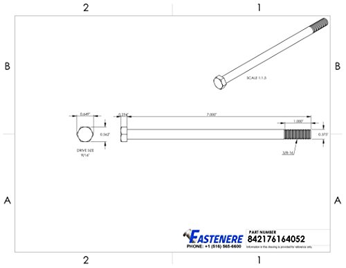 Image of 3 /8-16 x 7 Hex Head Cap Screw Bolts, External Hex Drive, Stainless Steel 304, Partially Threaded, Stainless Steel, Quantity 5 By Fastenere