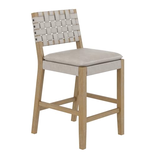 Image of Nathan James Cohen Coastal Bar Stool, Wood Counter Height Leather Bar Stool with Back for Kitchen Island, Taupe