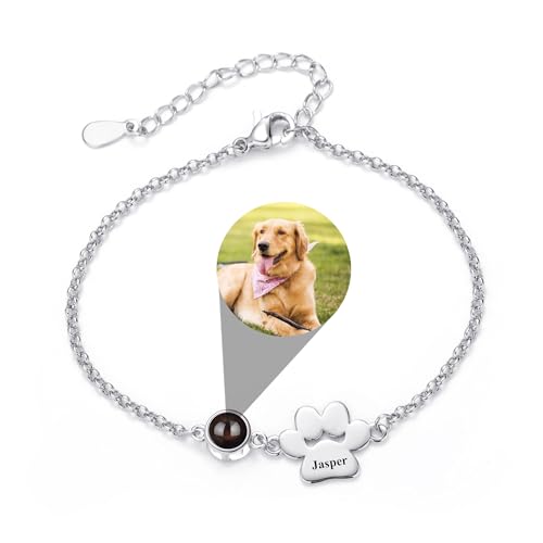 Aina Lighting Personalisiertes Fotoarmband mit Hundepfotenabdruck und Namen,Projektionsarmband mit Bild im Inneren, Schmuckgeschenke zum Gedenken an Haustiere für Frauen