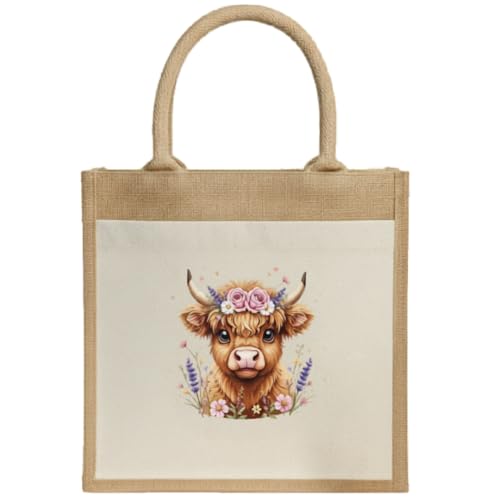 Small Highland Cow Jute Gift Bag Laminated Mini Tote with Handles Cute Cow Print for Women Lunch Birthdays and Highland Gifts Reusable Eco Small Jute Bag Also in Grey 26x22x14cm
