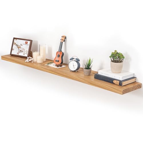Image of Fun Memories Floating Shelves for Wall, 55 inchx9.3 inch Rustic Solid Elm Wood Shelves, Heavy-Duty Wall Mounted Shelves with Invisible Brackets for Living Room, Bedroom, Kitchen, Natural Finish