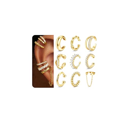 Morfetto Ear Cuff Gold für Damen 9 Ohrringe Ohne Ohrloch Ohrclips Damen Ohne Ohrlöcher Ohrmanschette Silber Ohrringe 14K Vergoldet Fake Piercings in Geschenkbox