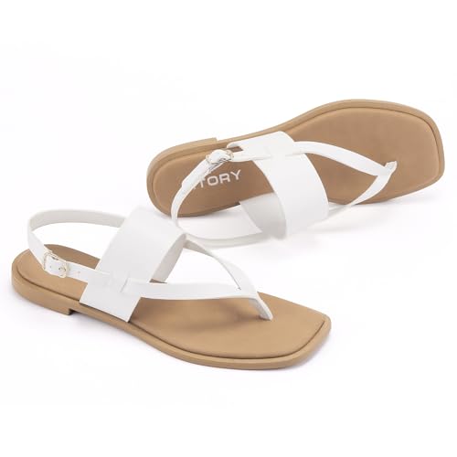 FITORY Womens Flat Adjustable Strap Sandals With Casual Slides and Flip Flops Split Toes Style for Lady Summer White Size 8