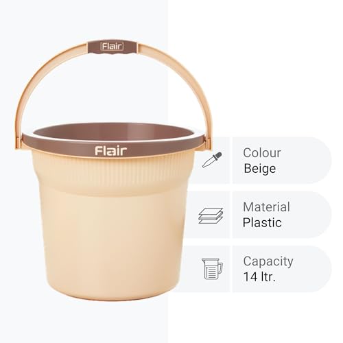 Image of FLAIR Estella 14L Set of 3 Plastic Bathroom Bucket, Beige | Strong & Durable Water Storage Bucket with Easy-Grip Handle | Virgin Plastic, Lightweight & Multipurpose for Bathing and Daily Use