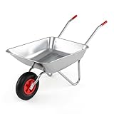 COSTWAY Carretilla de Obra, Galvanizado Metal, Carga 136kg, 62,5 L, Carretilla Jardín con 2 Manillares y Neumático Grande de Goma, Césped Jardín Patio Granja