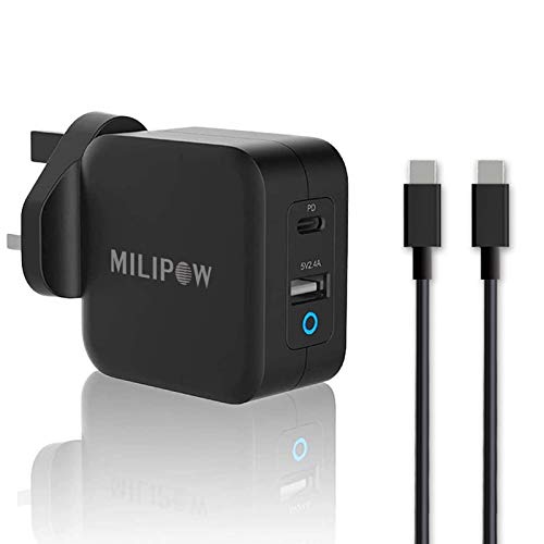 MiliPow 65W USB C Charger GaN Fast Charger 2-Port USB A & Type C Wall Charger Plug Adapter for MacBook 12", MacBook Pro 13"/15", MacBook Air 13", iPhone 11/12/XS, Dell XPS, iPad Pro/Air (Black)