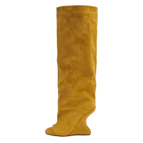 Kluolandi Women's Wedge Heel Knee High Boots Sexy Peep Toe Slouchy Suede Boots Wide Calf Tall Mustard Knee High Boots for Women Size 9