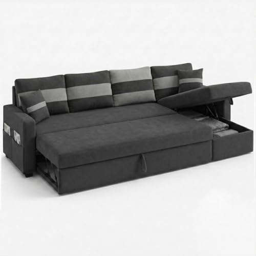 Image of CASASTYLE Sumur 6 Person Seating RHS L Shape Sofawith Pull Out Bed & Storage Lounger | Premium Soft Velvet Suede Fabric | Comfort Cushions | Ideal for Living Room, Hotel & Office (Dark Grey)