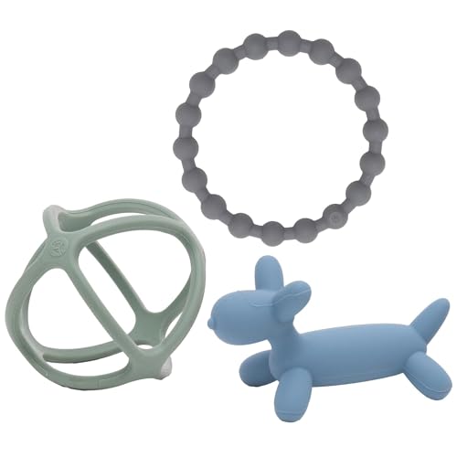 Image of WeeSprout Silicone Baby Teether Toys for Infant Babies and Toddlers, Cute Ring, Puppy Dog, and Ball, Soft and Flexible, BPA Free, Boys and Girls (Matte Dark Gray, Blue & Green)