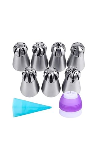Siliko World Paslanmaz Çelik Çiçekler Rus Uçları ve Sıkma Torbası Pasta Kek Süsleme Aparatı 7 Adet Duy