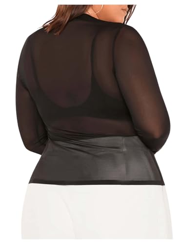 COZYEASE Women's Plus Size Sheer Mesh Tops Mock Neck Long Sleeve Tee Tops Trendy Slim Fit Clubwear2