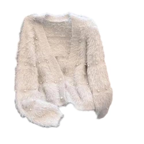Women Sweater Jacket Nail Bead Loose V Neck Furry Short