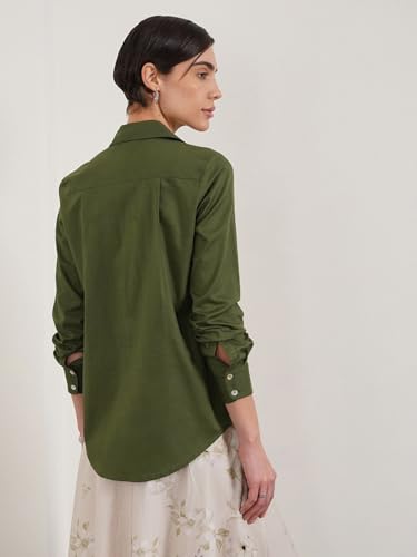 Image of FableStreet Women Shirt | Striped Long Sleeve Polo Collar Button Down | Breathable Linen Blend Fabric | Business Casual & Formal Wear
