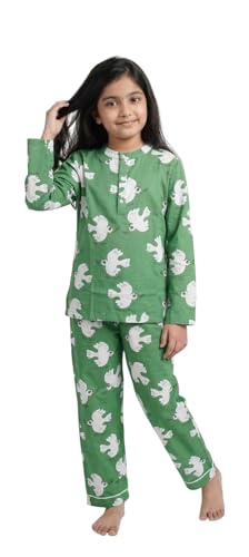 Image of Under Fourteen Only Girls Brushed Flannel Check Night Suit Set | Cotton Printed Mandarin Collar Top with Contrast Buttons & Piping | Full Sleeve Sleepwear with Elastic Waist Pants & Pockets