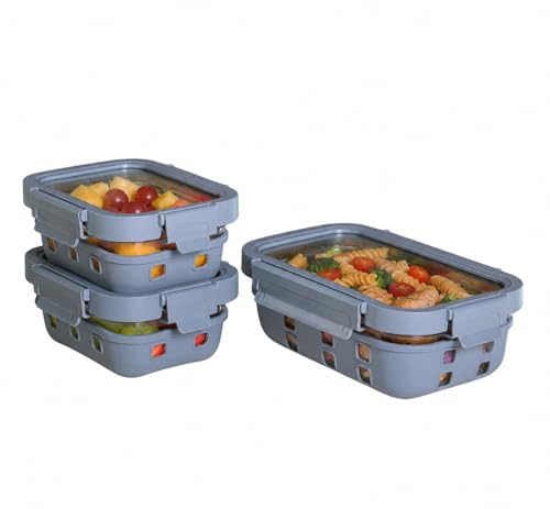 Image of Griplok Glass Lunch Box with Leakproof Lid, Borosilicate Food Storage Container with Silicone Sleeve, Airtight, Microwave /Dishwasher Safe (Glacier Blue, 2x370ml + 1x640ml)