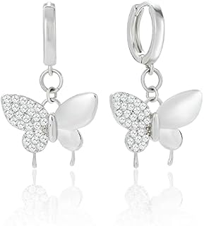 MESOVOR Butterfly Hoop Earrings for Women, 16K Gold Plated Small Pendant Drop Earrings | Sparkling Zircon Huggies Earrings