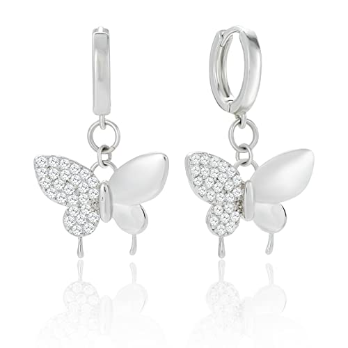 MESOVOR Boucles D'oreilles de Cerceau Papillon pour Femmes, Boucles B'oreilles à Petite Pendentif en or 16K Plaqués or | Boucles D'oreilles étincelantes en Zircon (argent) Cover