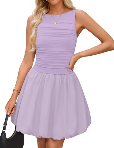 Image of ZESICA Women's Summer Bubble Sleeveless Boat Neck Mini Dress 2026 Ruched Waist A Line Short Cocktail Party Club Dresses