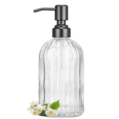 Image of Clear Glass Soap Dispenser | with Matte Black 304 Rustproof Stainless Steel Pump 18oz for Kitchen and Bathroom Hand Soap Dispenser Bottle