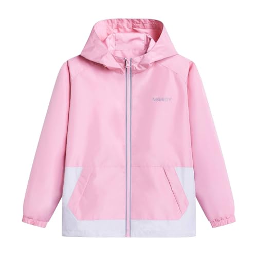Boys Girls Waterproof Jacket Rain Jackets Hooded Raincoat Lightweight Mesh Lined Rain Coats for Kids, Light Pink, 10-12 Years