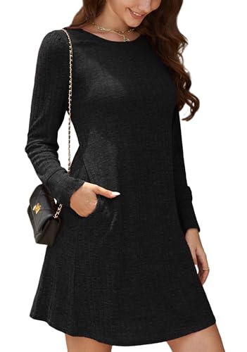 Enmain Vestido Negro Invierno Mujer Punto Manga Larga Cuello Redondo Otoño Ropa Fiesta Elegantes Jerseys Mujer con Bolsillos M