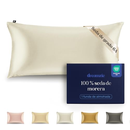 Dreamzie Funda de Almohada de 100% Seda 40 x 80 cm - 22 Momme Seda de Morera, Grado 6A, Certificado Oeko-Tex - Lujo para el Cabello y la Piel, 1 Unidad (Blanco)