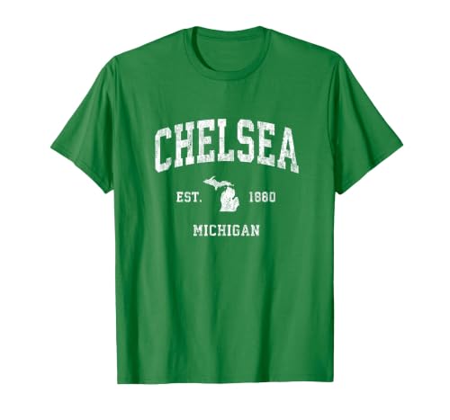 Chelsea Michigan MI Vintage Athletic Sports Design T-Shirt, Men, Kelly Green, Large