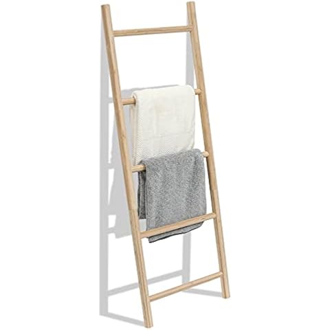 FUIN Fully Assembled 57in Bamboo Blanket Ladders Living Room Wood Decorative Wall Leaning Farmhouse Quilt Display Holder Rustic Wooden Towel Rack for Bathroom, Unfinished Cover