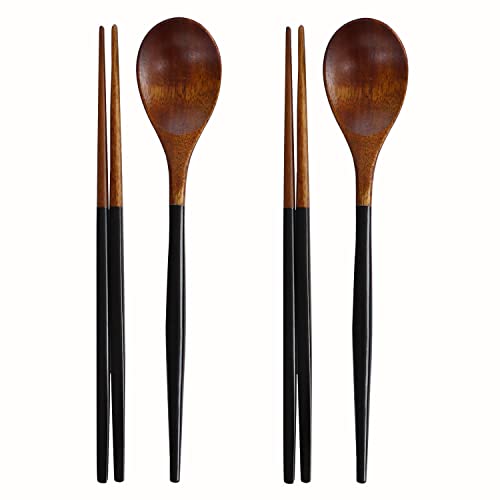 Chopsticks Reusable Korea traditional Spoon and Chopsticks Set, 2 Pair lacquer wooden Chopsticks Spoon (black)