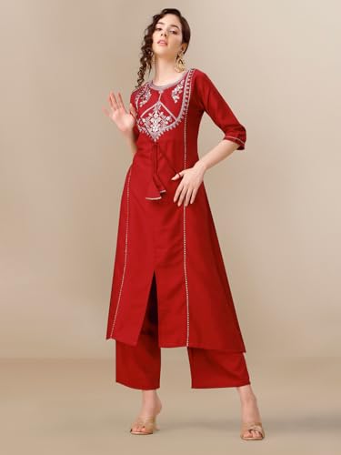 Image of EthnicJunction Women's Chinon Embroidered Straight Front Slit Kurta Palazzo & Organza Dupatta Set | Wedding | Heavy | Outfit | Suit