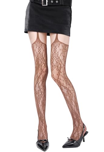 Image of Mrotrida Women Lace Sling One-piece Fishnet Tights Fashion Hollow Out Pantyhose Elastic Through Thigh High Stockings