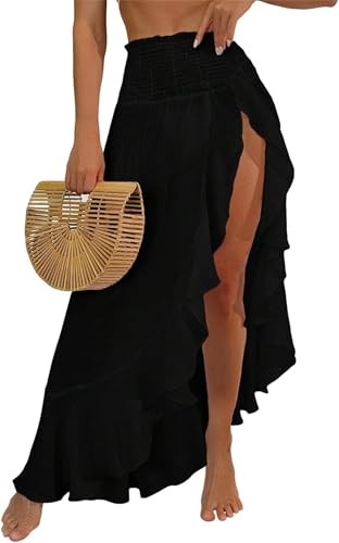 BONVEN Womens Boho Beach Skirt Cover ups High Waisted Flowy Summer Maxi Skirt Bathing Suit High Slit Skirts