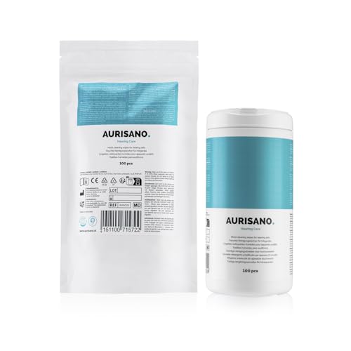 AURISANO Hörgeräte Reinigungstücher 200 Stk - Entfernt Ohrenschmalz und Verschmutzungen - 100% Biologisch Abbaubare Feuchttücher - Medizinprodukt - Spender und Nachfüllpackung - Deutsches Produkt