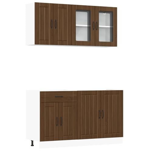 Eleganz Juego de 4 muebles de cocina en aspecto de roble marrón de madera y cristal, moderno y duradero para cualquier cocina, ahorra espacio y elegante