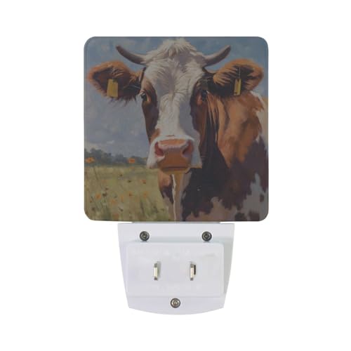 Image of Cow Cattle Night Lights 2 Pack Plug-in Wall Led Nightlight Auto Dusk-to-Dawn Sensor Lamps for Bedroom Kitchen Bathroom