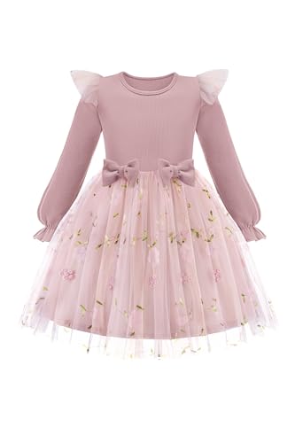 Arshiner Toddler Girls Tulle Dresses with Bow Tie Fall Winter Long Sleeve Formal Party Dress 1-7 Y
