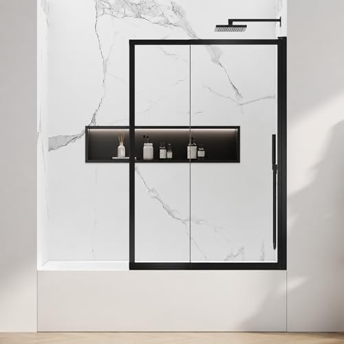 Image of 40 inch W x 59 inch H Pivot Tub Shower Door, 3 /16 inch(5mm) Glass, Matte Black