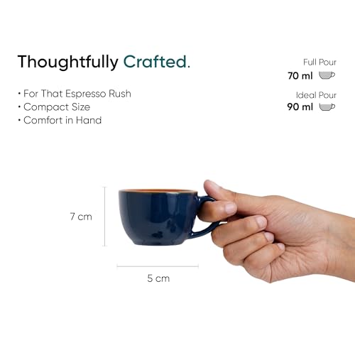 Image of Shay Ceramic Espresso Cup Set, Set of 2, 100ml, Midnight Blue | Espresso Cup and Saucer | Glossy Finish | Microwave Safe (Espresso Set, Midnight Blue)
