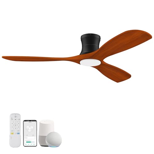 52' Smart Wood Low Profile Ceiling Fan with Lights Remote, Quiet DC Motor, Outdoor Indoor Flush Mount, Voice Control via WIFI Alexa App, Modern Dimmable Lighting for Bedroom Patio