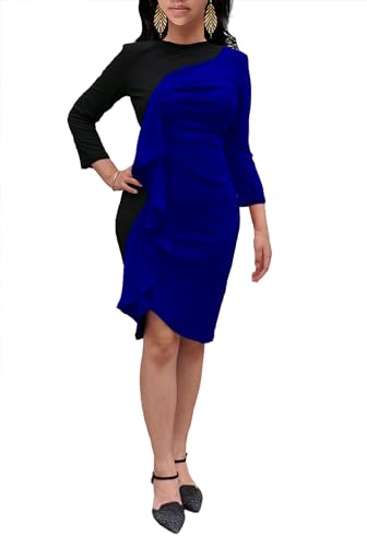 Women's Ruffle Wear to Work Dress, Long Sleeve Crew Neck Colorblock Sheath Bodycon Midi Dresses3