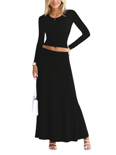 Sweet Hearts 2 Piece Sets for Women- Casual Modal Maxi Skirt Long Sleeve Crop Tops Womens 2 Piece Outfits Fall Made in USA