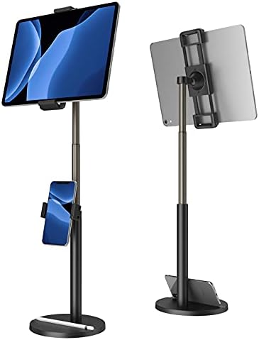 Tablet Stand built-in Phone Holder,Klearlook 2 in 1 Height Adjustable to 24.4"Tablet Holder,360°Rotating&Clamp Adjustable Tablet Phone Mount for iPad,Switch,Galaxy Tab, 4.7-12.9" Devices-Black