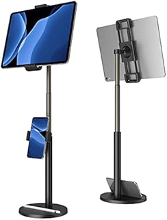 Tablet Stand built-in Phone Holder,Klearlook 2 in 1 Height Adjustable to 24.4"Tablet Holder,360°Rotating&Clamp Adjustable Tablet Phone Mount for iPad,Switch,Galaxy Tab, 4.7-12.9" Devices-Black
