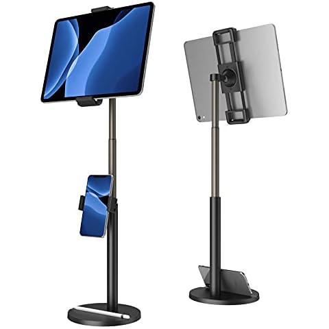 Tablet Stand built-in Phone Holder,Klearlook 2 in 1 Height Adjustable to 24.4"Tablet Holder,360°Rotating&Clamp Adjustable Tablet Phone Mount for iPad,Switch,Galaxy Tab, 4.7-12.9" Devices-Black Cover