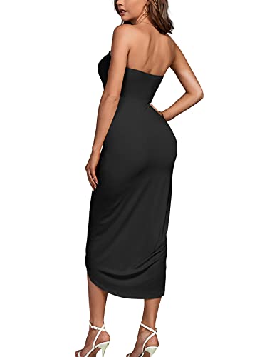 Umenlele Women's Strapless Ruched High Waist Wrap Split Asymmetrical Beach Maxi Long Dress Black#3 Medium #TOP1
