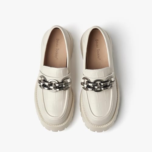 Image of BEAU TODAY Chunky Loafers Women,Leather Platform Loafers for Women,Lug Sole Slip On Chain Shoes,Comfortable Work Office Business Casual Office Dress Shoes