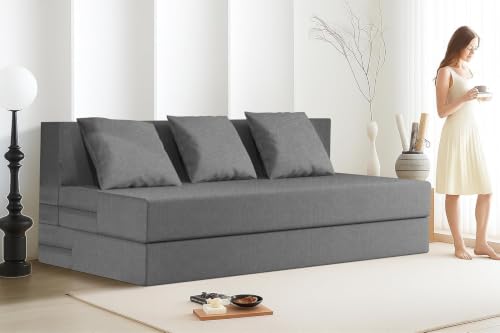 Image of Rosebell 3 Seater Sofa Cum Bed - Grey | 5x6 Feet | Jute Fabric with Removable Washable Cover & Cushion | Space-Saving Furniture for Home & Office